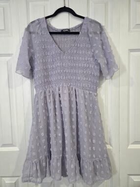 Womens V Neck Dress Short Sleeve Smocked Swiss Dot Ruffle Mini Large Purple
